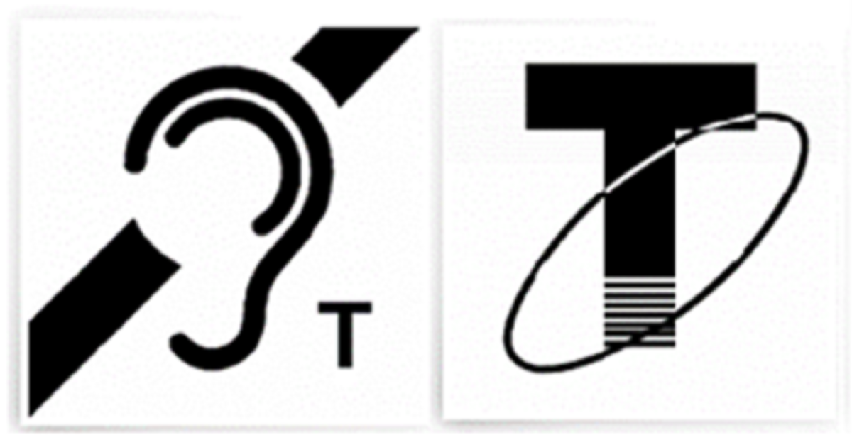 Vasemmalla kansainvälinen induktiosilmukan symboli, oikealla vanha induktiosilmukan symboli.